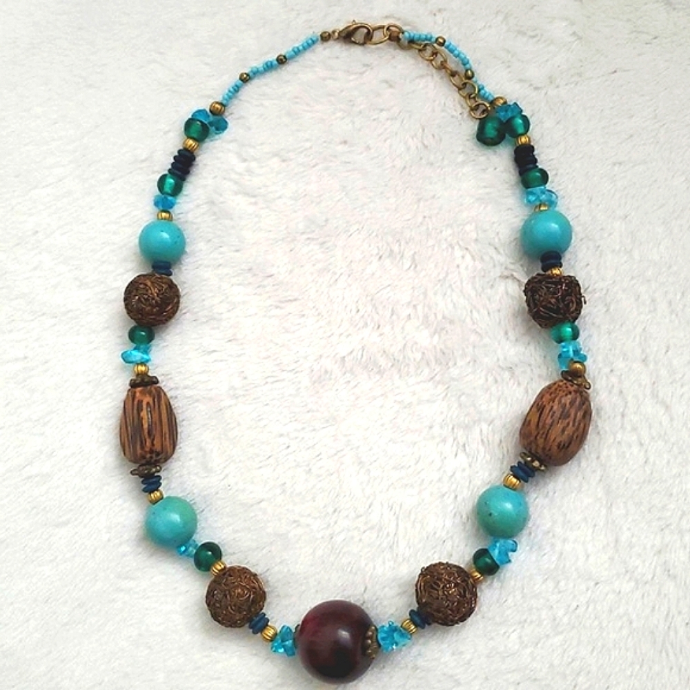 Artisan Made Turquoise and Brown Beaded Necklace - Picture 2 of 6